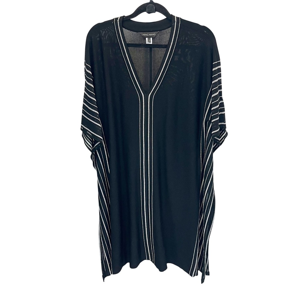 Ming Wang Black Silver Metallic Striped V-Neck Knit Kaftan Dress Size Large